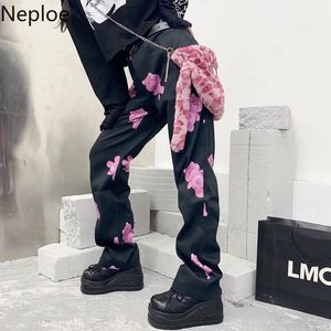 Nepoel vrouwen broek zwart beer print hoge taille broek Koreaanse stijl lente slim fit losse rechte casual pantalong 4h671 210422