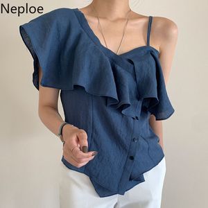 NEPLOE Dames Tops Koreaanse Chic Elegant Shirt Off Schouder Onregelmatige Ruches Blusas Mujer Sexy Lady Single Breasted Sling Blouse 210422