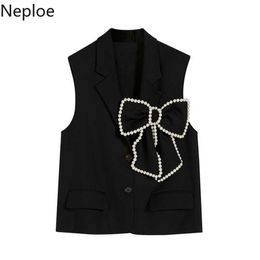 Neploe Femmes Gilet Perles Bow Noir Gilet Simple Boutonnage Vestes De Réservoir Mode Coréenne Sans Manches Lâche Streetwear Tops Femme 210910