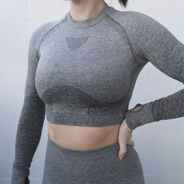 Nepoagym Ombre bijgesneden naadloze lange mouw crop top workout shirts voor sport tops sportschool vrouwen T200331 T200401