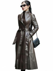 Nerazzurri Autumn LG Bruin Zwart zachte lederen trench jas voor dames riem gesleinde elegante luxe fi 5xl 6xl 7xl 2022 J4II#