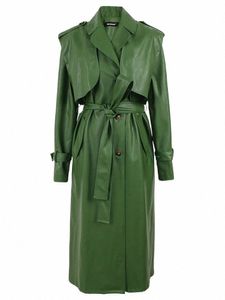 Nerazzurri Herfst Lg Cool Green Pu Lederen Trenchcoat voor Vrouwen Ses Single Breasted Stijlvolle Luxe Designer Kleding 2022 s0xD #