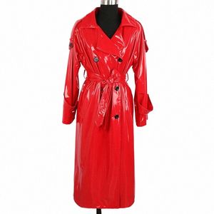 Nerazzurri Automne Lg Rouge Imperméable Brillant Réfléchissant En Cuir Verni Trench-Coat Pour Femmes Double Boutonnage Plus Taille Fi x4DK #