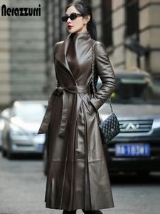 Nerazzurri herfst Long Brown Black Soft Faux Leather Trench Coat For Women Belt Skirt Elegant Luxury Fashion 5XL 6XL 7XL 240129