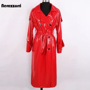 Nerazzurri otoño largo rojo impermeable brillante reflectante charol gabardina para mujer doble botonadura talla grande moda 240115