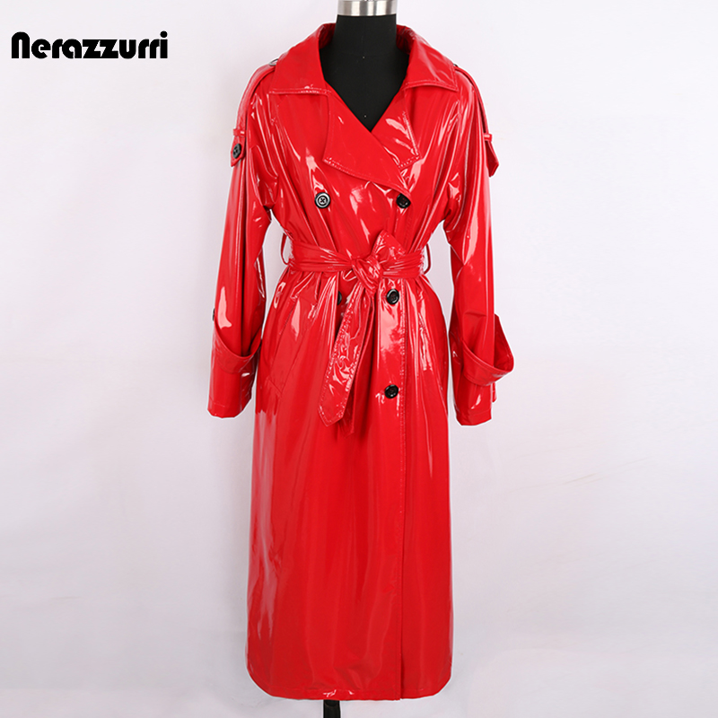 Nerazzurri Autumn Long Red Waterproof Shiny Reflective Patent Leather Trench Coat för kvinnor Double Breasted Plus Size Mode