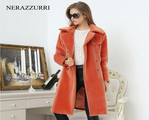 Nerazzurri Long Trench Coat For Women Fashion Automne Double Breasted Casual Slim British Style Orange Faux Fur Overcoat 2012123788692