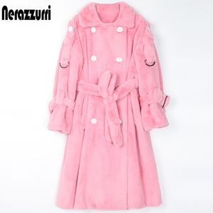 Nerazzurri long chaud moelleux trench en fausse fourrure pour les femmes à double boutonnage rose blanc vert plus la taille ceinture de mode d'hiver 201031