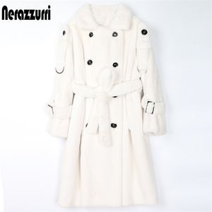 Nerazzurri lange warme pluizige faux bont trenchcoat voor vrouwen dubbele breasted roze wit groen winter Koreaanse mode riem 211220