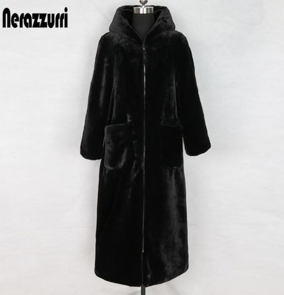 Nerazzururri Long Winter Faux Fur Coat with Caperina de manga larga con cremallera Negro Furny Fait Fur Fur Outwear de talla de talla de talla T29534409