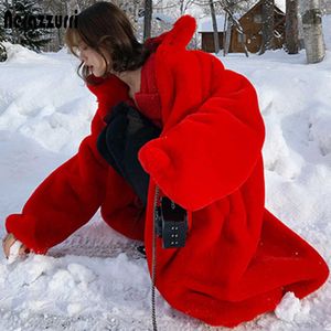 Nerazzurri surdimensionné rouge épais chaud doux moelleux fausse fourrure manteau femmes 2021 raglan à manches longues longs manteaux de fourrure pour l'hiver pour les femmes Y0829
