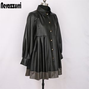 Nerazzurri plissé lâche faux cuir veste femmes manches longues taille haute genou longueur noir et gris couleur bloc cuir manteau LJ201012