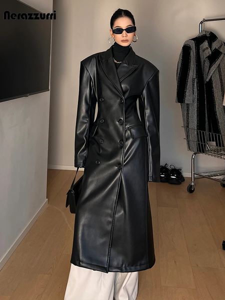 Nerazzurri printemps automne luxe Long noir ajusté en cuir Pu Trench Coat pour femmes épaulettes Double boutonnage piste de mode 240119