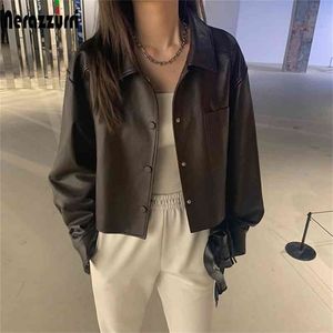 Nerazzurri Spring Brown Short Light Soft Faux lederen jassen voor vrouwen pocket met lange mouwen oversized zwarte Koreaanse mode 210908
