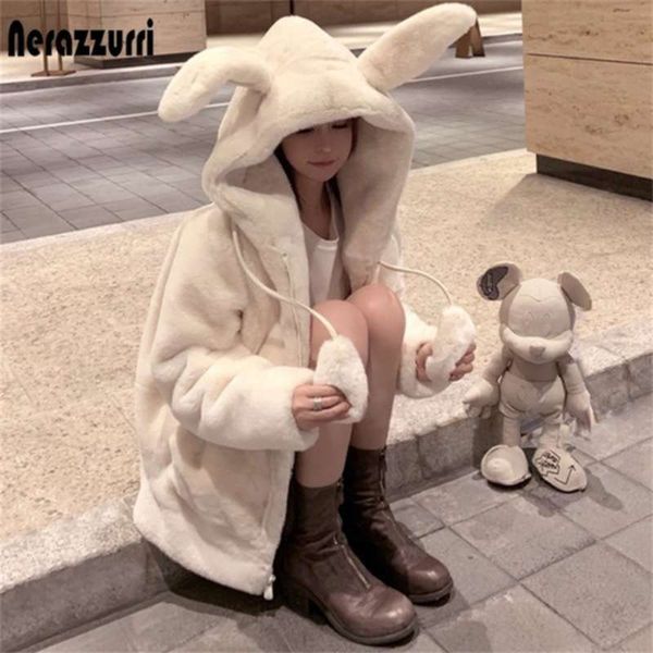 Nerazzurri Printemps Veste moelleuse avec oreilles de lapin manches raglan fermeture éclair surdimensionnée légère douce harajuku kawaii sweat à capuche en fausse fourrure 210928