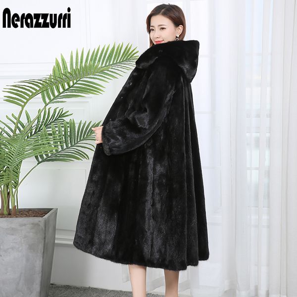 Nerazzurri hiver noir long manteau de fausse fourrure avec capuche à manches longues noir plus taille jupe faux manteaux de fourrure de vison pardessus femme 7xl 201212