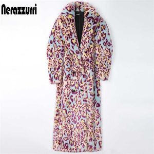 Nerazzurri winter luipaard lange kleurrijke zachte warme dikke pluizige harige faux bont trenchcoat voor vrouwenbaan Europese mode 211018