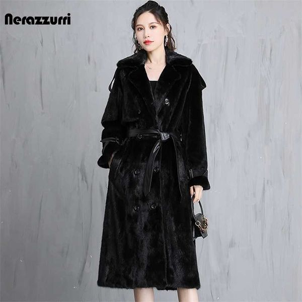 Nerazzurri Winter Long Black Warm Thick Faux Mink Fur Trench Coat para mujer con cinturón de cuero Loose Korean Fashion 211110