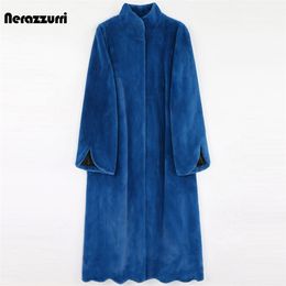 Nerazzurri Winter Lange Blauwe Warm Dikke Fluffy Faux Bontjas Dames SCALLOP HEM EEN LIJN BLACK KOREAN MODIE BODEKWAGE 5XL 6XL 7XL 211018