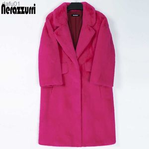 Nerazzurri Winter Lange Hot Pink Faux Bontjas Vrouwen Revers Warme Dikke Zwarte Zachte Pluizige Jas Losse Stijlvolle Koreaanse mode 2022 L230520