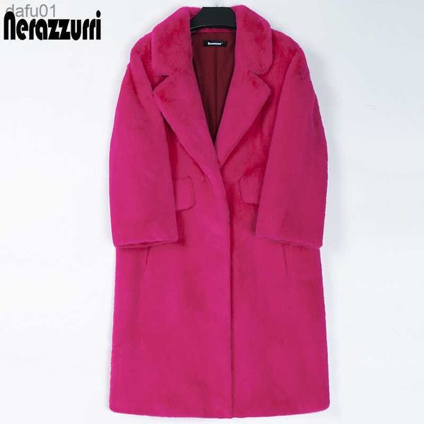 Nerazzurri hiver long chaud rose fausse fourrure manteau femmes revers chaud épais noir doux moelleux veste lâche élégant mode coréenne 2022 L230520