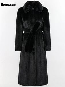 Nerazzurri hiver long luxe élégant noir ajusté épais chaud doux doux pelucheux de vison de vison manteau de fourrure de fourrure