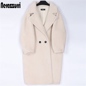 Nerazzurri hiver long manteau en peluche surdimensionné femme revers marron épais chaud laine de mouton ours en peluche veste femme plus taille mode 201212