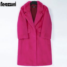 Nerazzurri hiver Long rose fausse fourrure manteau femmes revers chaud épais noir doux moelleux veste en vrac élégant mode coréenne 240110