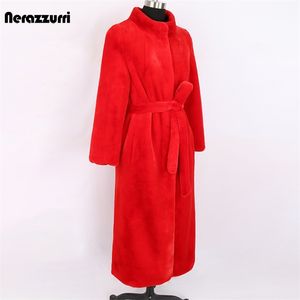 Nerazzurri winter lange warme dikke rood pluizige faux bontjas vrouwen lange mouw standaard kraag riem elegante ontwerper kleding 211123