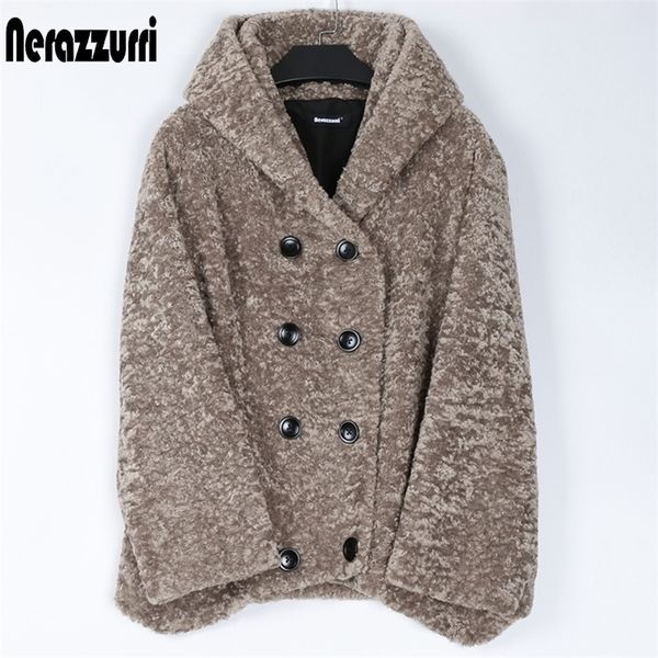 Nerazzurri hiver doux chaud fausse fourrure manteau femmes avec capuche manches raglan double boutonnage karakul agneau fourrure veste femmes 7xl 201212