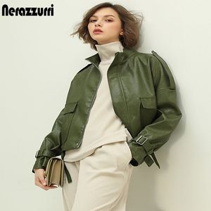 Nerazzurri zip up up courte veste en cuir vert femmes manches longues plus taille femme automne vestes de faux cuir vestes femmes 7xl 201030