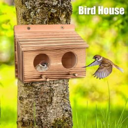 Nidos Casa para pájaros con 2 agujeros, casa para pájaros colgante creativa, jardín de madera, habitación para pájaros, colgante hecho a mano, dormitorio para anidar pájaros al aire libre