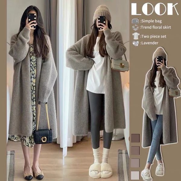 Net célébrité éclaté tricoté femmes automne et hiver nouveau sens du design de petite taille haut de gamme long cardigan tricoté col en V manteau pull en gros