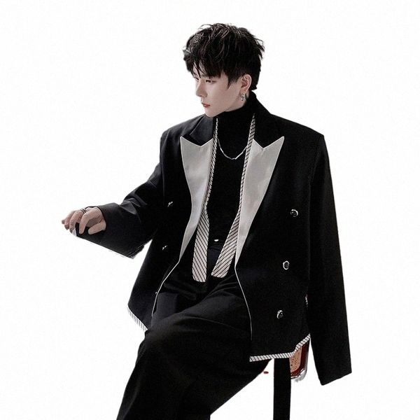 Net Celebrity Splice Design Casual Blazers Hombre Coreano Streetwear Fi Vintage Doble botonadura Chaqueta de traje de hombre Blazer Coat i2A4 #