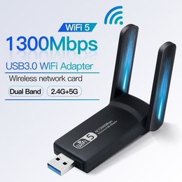 Adaptadores de red 1300Mbps USB3.0 Adaptador WiFi Banda dual 2.4G 5Ghz Wireless WiFi Dongle Antena USB Ethernet Receptor de tarjeta de red para PC 230713