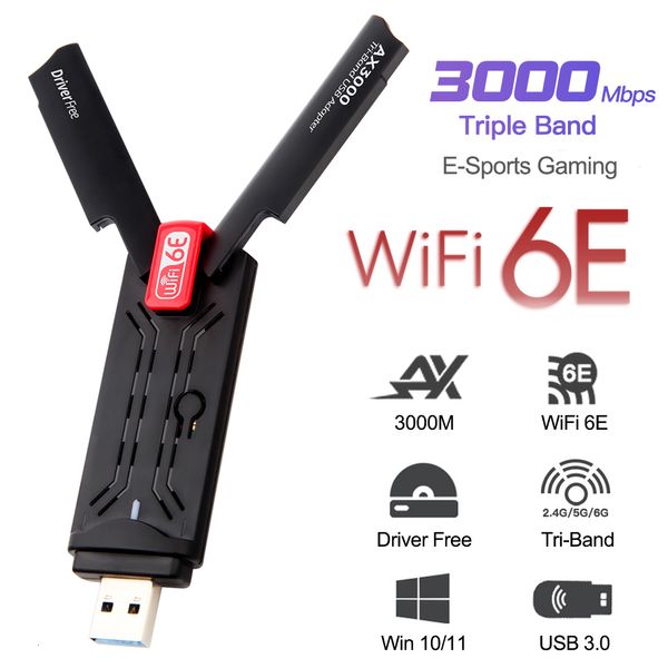 Adaptadores de red AX3000 USB 3.0 Adaptador WiFi 3000Mbps WiFi 6E Tarjeta de red Tri-Band 2.4G 5G 6G Wifi Receptor Dongle para Windows 10 11 Driver Free 230701