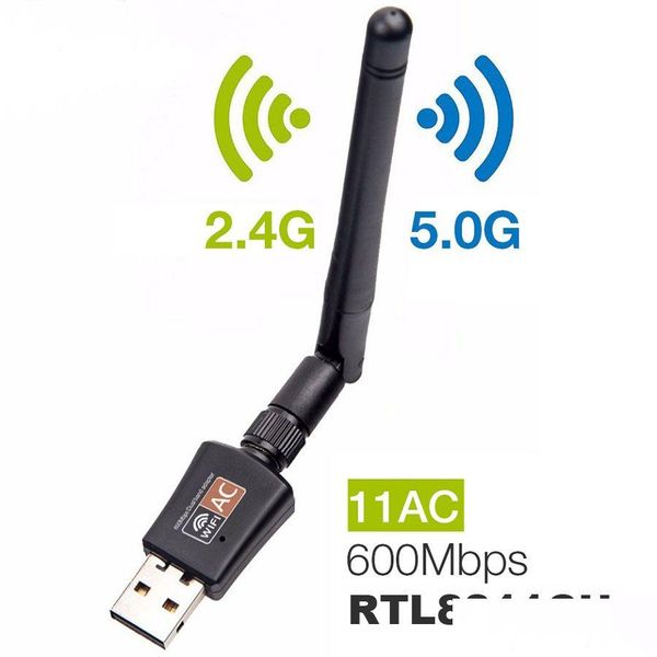 Adaptateurs réseau Double bande 600Mbps USB Wifi Adaptateur 2.4Ghz 5Ghz avec antenne PC Mini ordinateur Ac600 Récepteur de carte 802.11B / N / G / AC Drop Otjfw