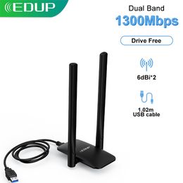 Adaptadores de red EDUP 1300Mbps USB WiFi Adapter 2.4G 5.8G Tarjeta de red inalámbrica con cable USB 2 * 6dBi Antena Drive Free Lan Ethernet Adaptador USB 230713