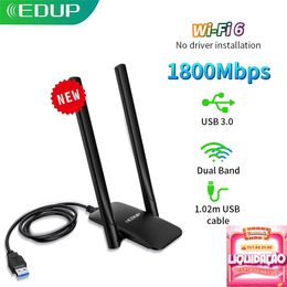 Adaptateurs réseau Edup WiFi 6 USB double bande AX1800 USB3 0 sans fil Wi-Fi Dongle Drive carte gratuite WiFi6 pour ordinateur portable de bureau 230206