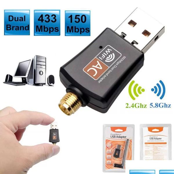 Adaptateurs réseau USB 2.0 Adaptateur Wifi 2,4 GHz 5 GHz 600 Mbps Antenne double bande 802.11B/N/G/AC Mini récepteur de carte d'ordinateur sans fil avec B Ot5Ud