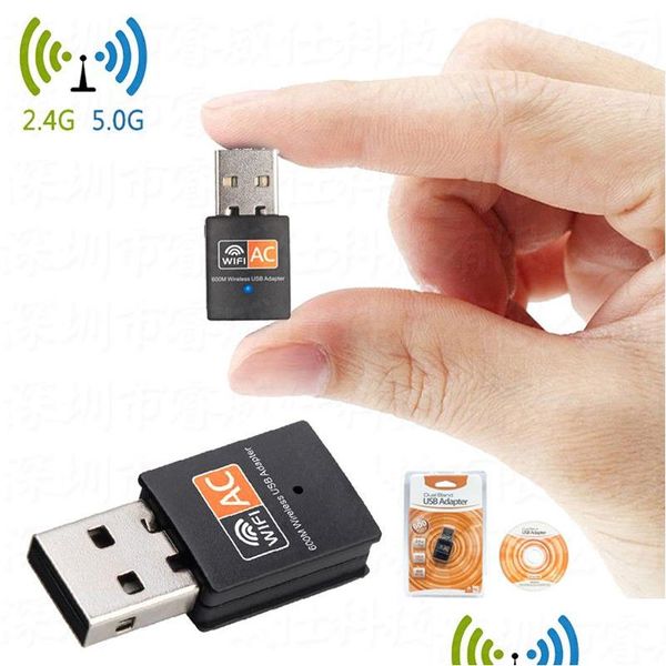 Adaptateurs de réseau Adaptateur WiFi USB 2.4 GHz 5GHz 600 Mbps Dual Band 802.11b / n / g / AC Mini récepteur de carte d'ordinateur sans fil avec RET DHM3O