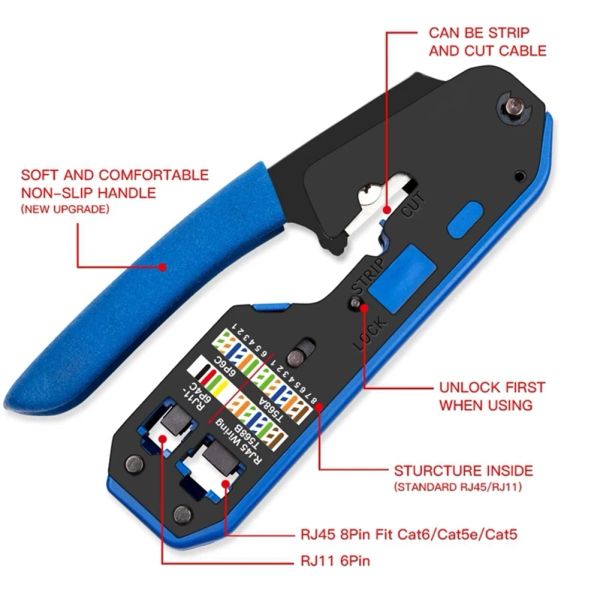 Network Cable Stripper Crimper Pliant à double utilisation pour Cat6 Cat 5E Cat5 RJ12 RJ11 RJ45 Connecteur de câble Ethernet Pild modulaire