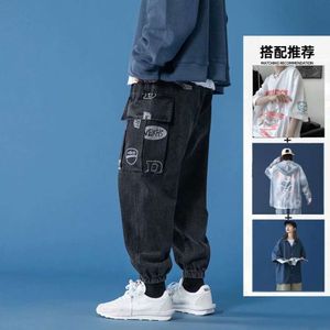 Netwerkfoto van grote pocket werkkleding jeans voor mannen, los passende legging, zomer dunne stijl trendy papa broek, high street