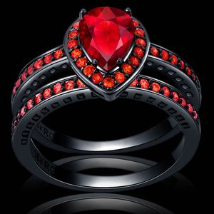 Never Fade Double Heart Trendy Design Shape Rode Cubic Zirconia 2 Ringen Sets Zwart Gold Filled Party Wedding Anel Women Gift