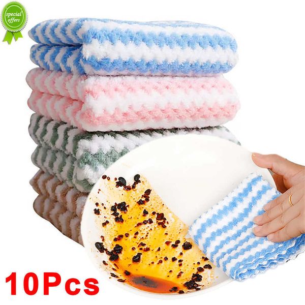 Nouveau 1/10 pièces torchons en molleton de corail épaissi absorbant séchage tissu cuisine pas coller huile chiffons de nettoyage ménage serviettes de nettoyage