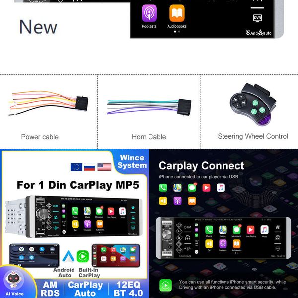 NOUVEAU 1 DIN CarPlay MP5 5.1 '' Radio Android Auto STEREO Récepteur AI VOCIE MP3 Car Multimedia Player Bluetooth FM RDS