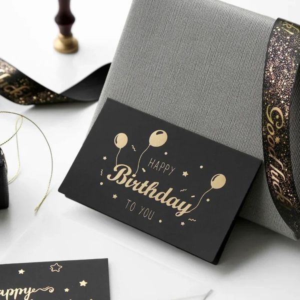 Nuevo 1 set Black Bronzing Saludos Invitaciones de la tarjeta de cumpleaños de la tarjeta postal Bronzing en blanco Tarjeta de bendición escrita con el sobre pegatina para