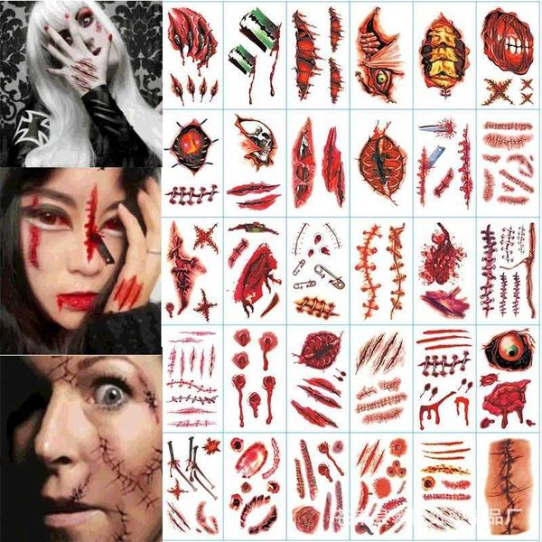 Nueva 1 hoja de Halloween herida sangrienta cicatrices de miedo tatuajes maquillaje decoración de Halloween herida sangre de miedo lesiones pegatina suministros para fiestas