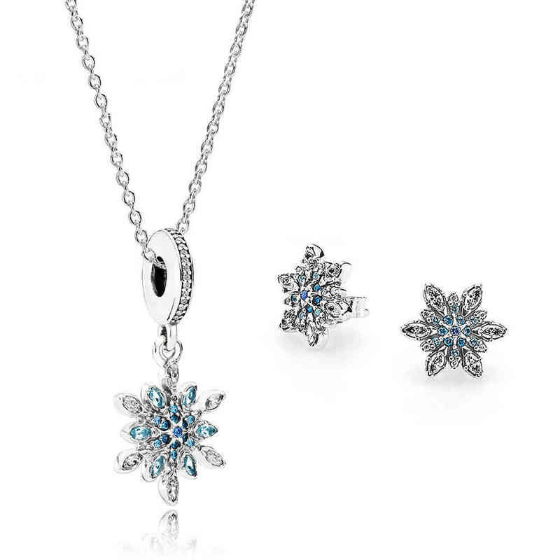 NEW 100% 925 Sterling Silver 1:1 Genuine Glamorous Crystal Snow Ear Studs Pendant Necklace Jewelry Set Original Women Jewelry AA220315