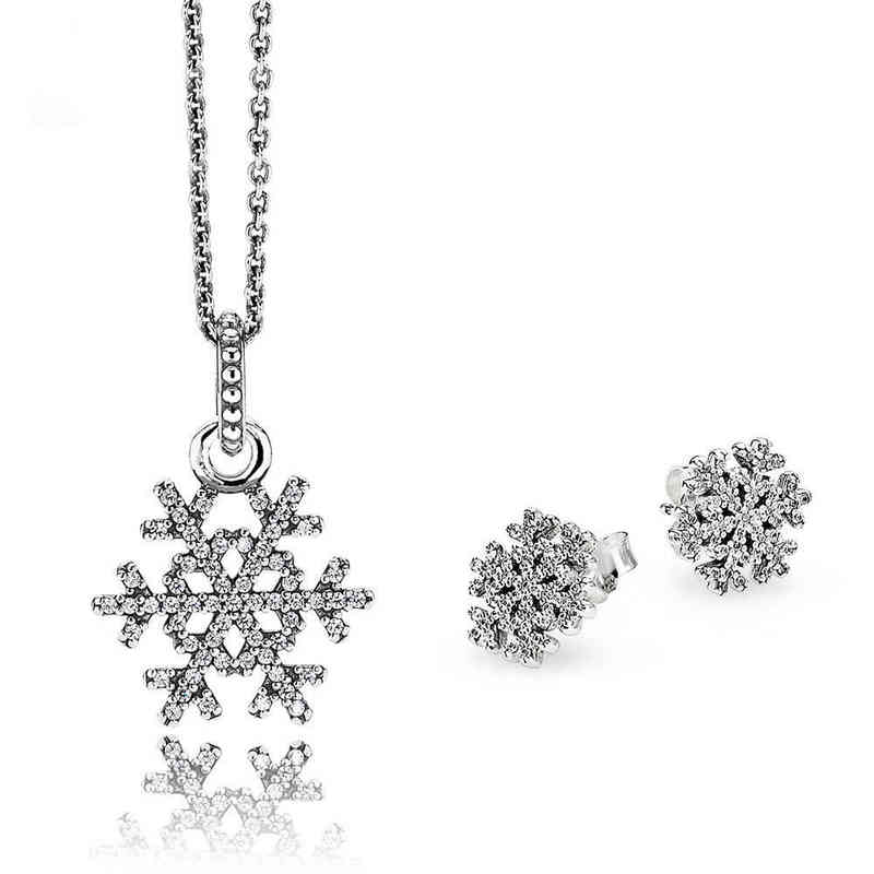 NEW 100% 925 Sterling Silver 1:1 Genuine Shiny Snowflake Earrings Pendant Necklace Charm Jewelry Set Original Women Jewelry AA220315